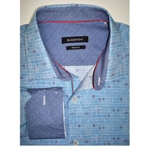 New! BUGATCHI "Shaped Fit" Blue, Purple, White Geometric Long Sleeve Shirt